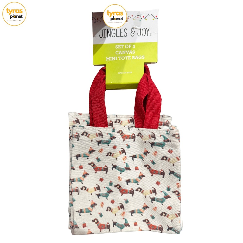 Jingles And Joy Dachshund Christmas Set of 2 Small Canvas Gift Tote Bags NWT